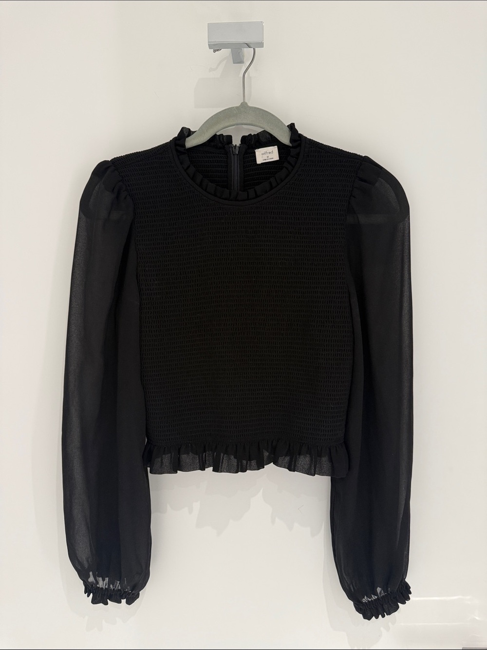 Aritzia Black Smocked Bodice Blouse with Sheer Puff Sleeves